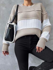 SHEIN Women's Color Block Drop Shoulder Sweater - Apricot - View 4