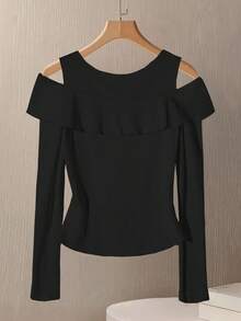 GlowEve Women's Solid Color Metal Button Shoulder Cut-Out Long Sleeve Ribbed T-Shirt - Black - View 2