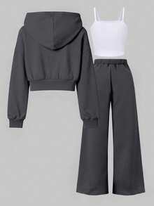 SHEIN 3 件套女童休闲简约吊带背心 + 短款拉链连帽衫 + 阔腿裤套装，适合日常穿着 - 彩色 - 查看 2