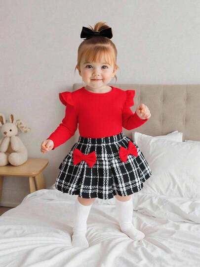 SHEIN Playful Pals Baby Girl Knitted Long Sleeve Round Neck T-Shirt With Ruffle Sleeves & Plaid Bow Decor Skirt Set, Autumn/Winter Christmas Toddler Girl Outfit Baby Girl Red And Black Plaid Outfit Toddler Girl Red Shirt Plaid Skirt Outfit Baby Girl Red Top Black Plaid Skirt Toddler Plaid Skirt With Bows  Princess  Halloween/Christmas Party Dresses For  Vacation  Autumn And Winter