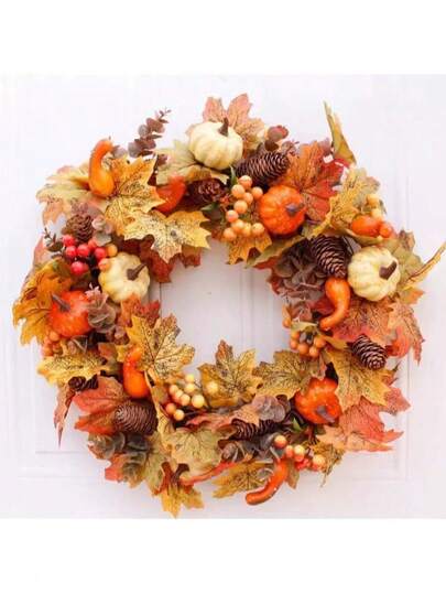 1pc Fall Decor Harvest Thanksgiving Wreath - White Pumpkin, Sunflowers & Maple Leaves - Door Or Wall Hanging Decor Harvest Wreath - Pumpkin, Pinecones, Berries & Maple Leaves - Thanksgiving Door Decor For Front Porch, Window Or Wall