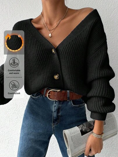 EURMUSE Women's V-Neck Long Sleeve Button Up Casual Loose Everyday Cardigan