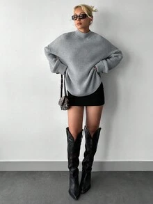 EURMUSE Stand Collar Split Hem Drop Shoulder Sweater - Light Grey - View 6
