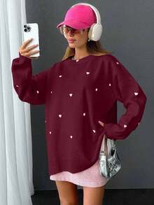 EURMUSE Maglia casual oversize con ricamo a forma di cuore e spalle cadenti - Bordò - Visualizzare 4