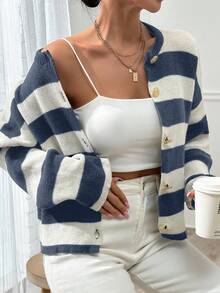 EURMUSE 女士条纹圆领前扣开衫