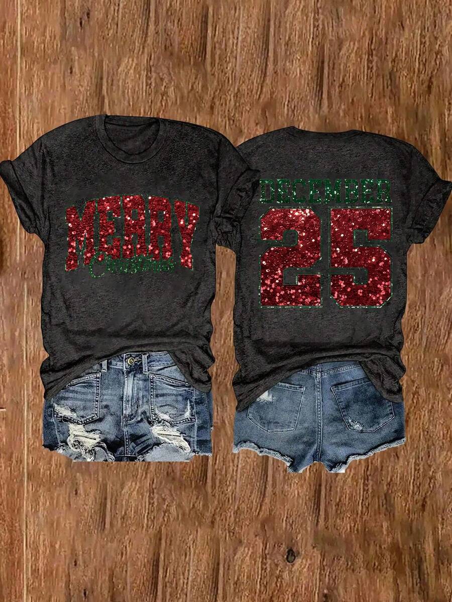 EMERY ROSE 圣诞快乐时尚休闲女士短袖T恤 - 深灰色 - 查看 1