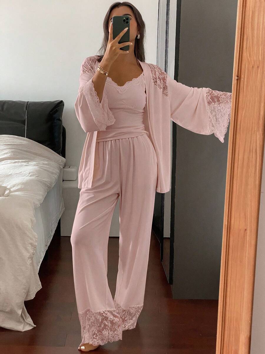 DAZY 3件套蕾丝拼接睡袍，吊带上衣和裤子，女士睡衣睡衣套装，秋冬服装