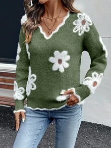EMERY ROSE Women's Elegant Mink Fur Flower Pattern Lace Knit Sweater, Christmas - Green - View 5