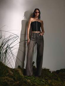 MUSERA PU拉链前系带修身束身胸衣上衣，秋季可爱乡村西部风夜间外出性感同步假日派对舒适春夏节日 - 黑色 - 查看 3