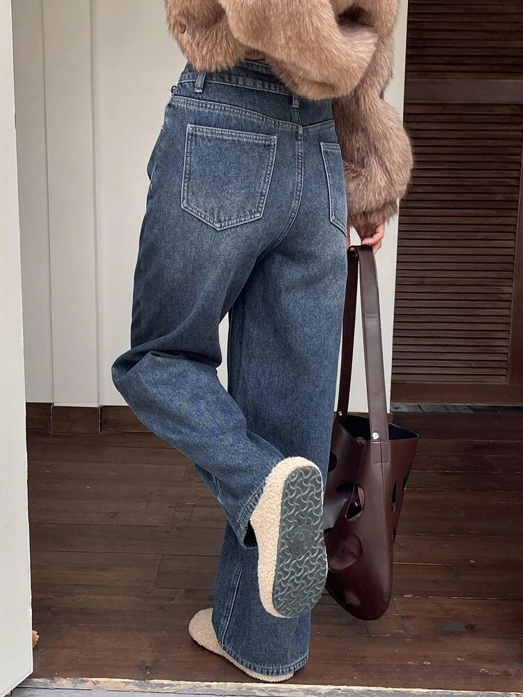 Vintage Washed Straight Leg Jeans For Women, High Waist Slimming Thermal Lined Washed Denim Pants, Autumn/Winter Thermal Lined