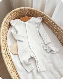 SHEIN Newborn Baby Girl Solid Color Long Sleeve Jumpsuit With Ruffle Trim And Footed Pants Cute Baby Pajamas - White - View 9