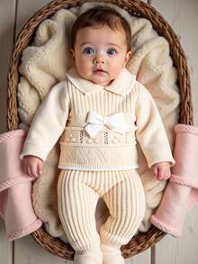 Baby Girls Ruffled Collar Long Sleeve Knitted Sweater&Matching Knitted Leggings 2 Pieces Set,Cream White,Autumn,Flowy,Family Matching Soft Outfit - Apricot - View 5