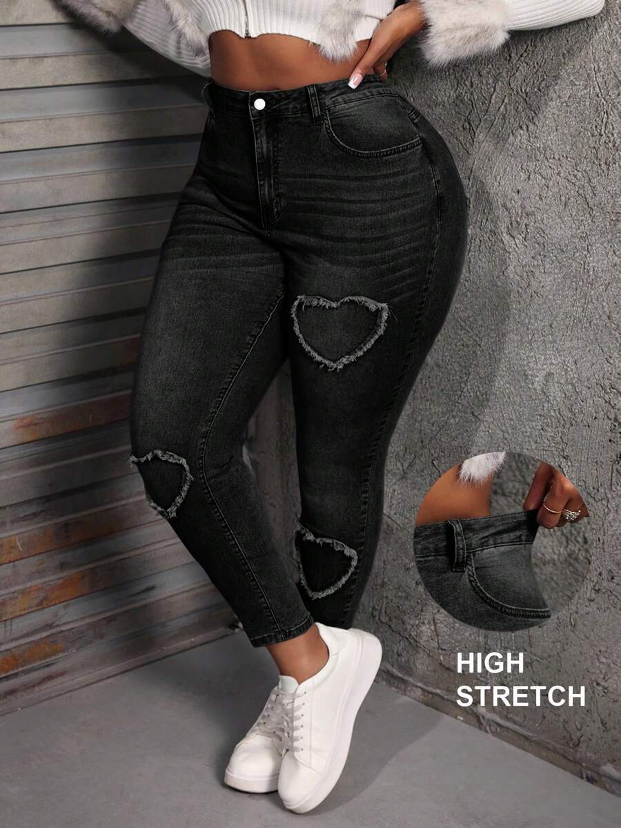 SHEIN SXY 大码女式牛仔裤 紧身弹力爱心刺绣长裤 蓝色女式牛仔裤 女式妈妈牛仔裤 牛仔裤 牛仔裤 裤子 紧身牛仔裤 弹力牛仔裤 - 黑色 - 查看 1