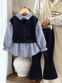 Sparklyn Young Girl Striped Patchwork Sweatshirt And Flare Pants Set - Navy Blue - View 2