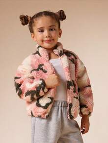 SUMWON Cozy Fluffy Teddy Sherpa Camo Pattern Winter Jacket Full Zip Borg Coat Plush Outerwear Warm Casual Daily Wear Front Pocket Zip Through Vacation - Pink - View 5