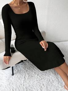 Almamuse Elegant Solid Color Waist Cinched Knit Midi Dress, Suitable For Commuting, Autumn/Winter