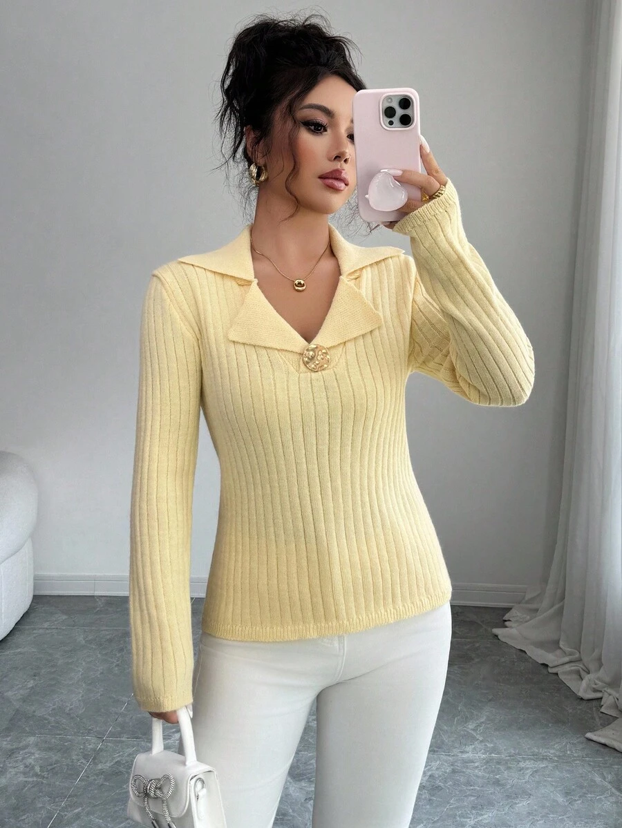 Elenzga Damen Herbst/Winter Neu V-Ausschnitt Polokragen Metall Knopf Modisch Figurbetont Eleganter Damenstil Regulärer Strick Langarm Pullover - Gelb - Übersicht 1