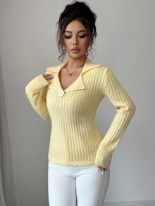 Elenzga Damen Herbst/Winter Neu V-Ausschnitt Polokragen Metall Knopf Modisch Figurbetont Eleganter Damenstil Regulärer Strick Langarm Pullover - Gelb - Übersicht 5