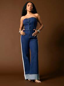 Vixey Casual, Contrast Trim Strapless Front Button Up Stretch Denim Wide Leg Jumpsuit - Medium Wash - View 4