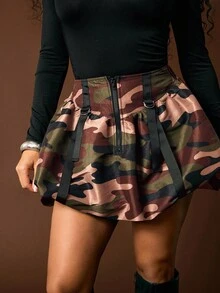 Vixey Camo Print Taffeta Utility Bubble Hem Skirt, Casual - Multicolor - View 2