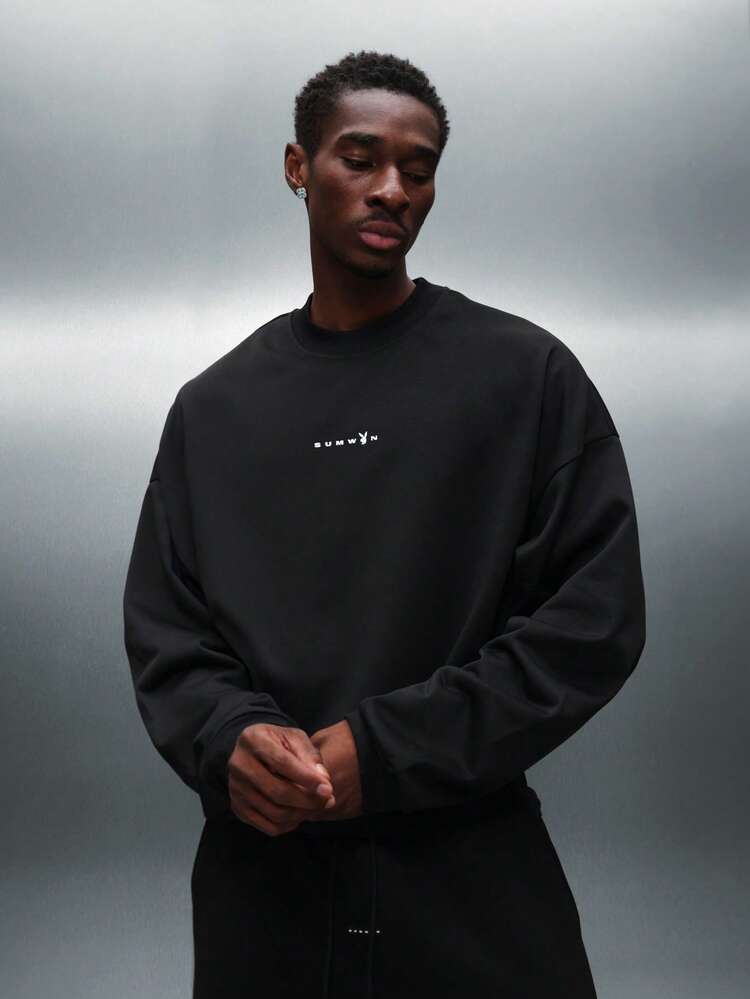 PLAYBOY X SUMWON Cropped Black Sweatshirt With Raw Cut Hem And Logo Print