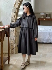 DAZY Tween Girls Collared Long Sleeve Dress - Grey - View 2