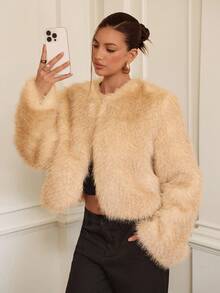 Aloruh Women's Casual Fluffy Faux Fur Jacket, Warm And Solid Color For Daily Wear - Yellow - View 6