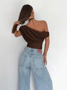 Siren Gaze Blusa corta casual y elegante con pliegues asimétricos, adecuada para el verano y el uso diario - Marrón - Ver 3
