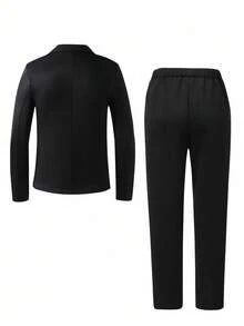 SHEIN 2 件套青少年男孩绅士装，包括修身单排扣西装外套 + 正装裤。优雅休闲的户外正装，适合生日派对、庆典、表演、主持、婚礼季节（生日、婚礼、婚礼嘉宾、花童、戒童） - 黑色 - 查看 2