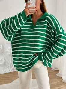EURMUSE Plus Size Striped Pullover Sweater, Minimalist Style, Suitable For Summer - Green - View 3