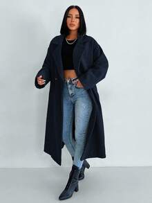 EURMUSE Women's Solid Color Lapel NeckLong Sleeve Long Casual Overcoat - Navy Blue - View 4
