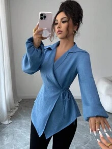 Selianne 女式纯色交叉领设计腰带长袖衬衫 - 藍色 - 查看 3