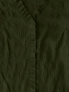 Linhara CURVE Plus Size Women's Solid Color Textured V-Neck Ruffle Hem Long Sleeve Loose Casual Top, Soft And Comfortable Fabric, Suitable For Everyday Wear