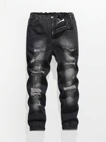 Quần jeans denim rách gối cao cấp dáng rộng thoải mái, thiết kế rách gối chất liệu cotton dành cho bé trai, thời trang dạo phố cổ điển, thu đông - màu đen - Xem 1