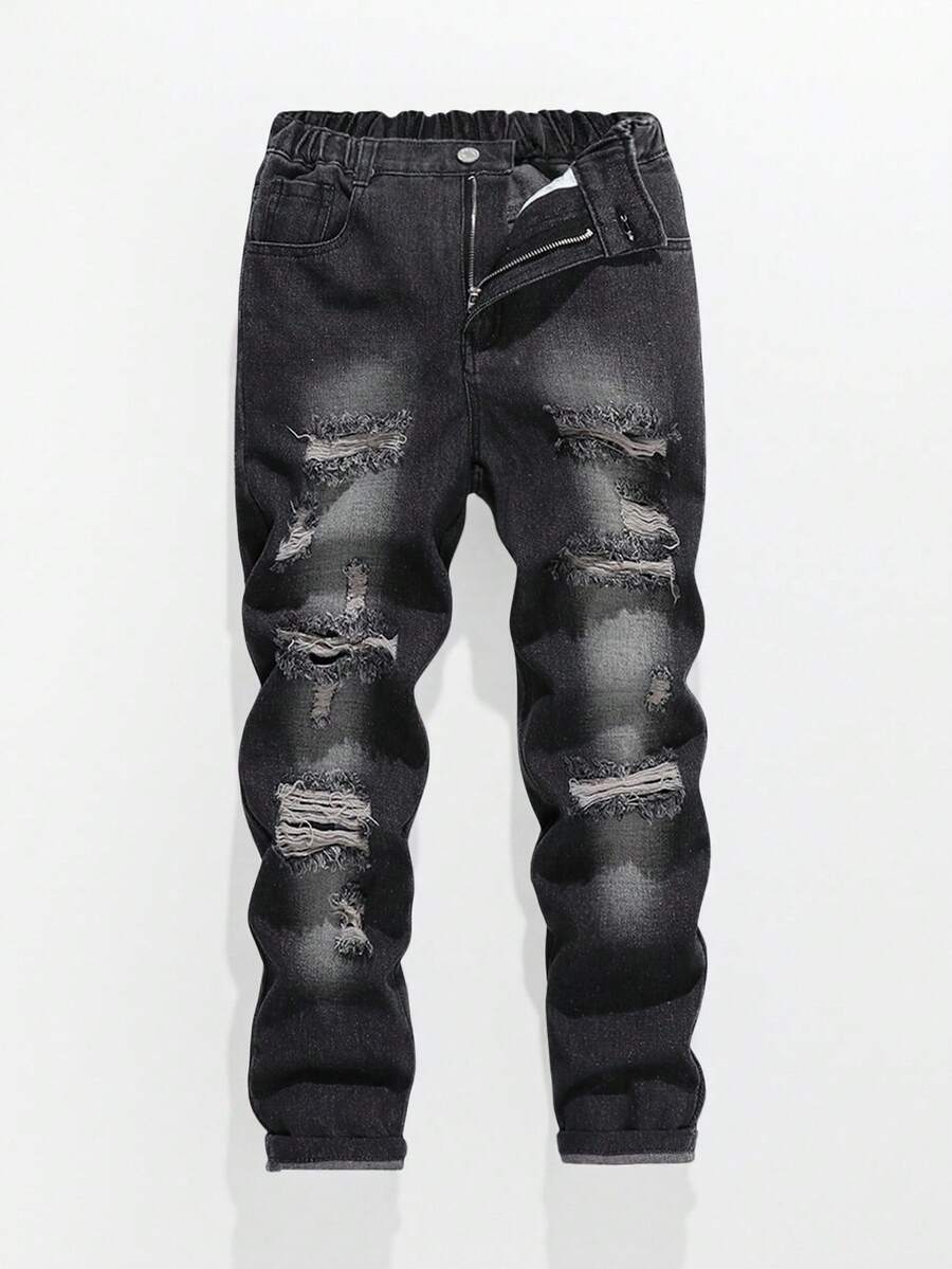 Quần jeans denim rách gối cao cấp dáng rộng thoải mái, thiết kế rách gối chất liệu cotton dành cho bé trai, thời trang dạo phố cổ điển, thu đông - màu đen - Xem 1