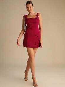 Enchnt Fall/Winter Romantic Women's Red 3D Floral Decor Square Collar Fitted Camisole Mini Dress,Chic&Elegant For Date&Wedding Guest&Prom&Party&Going Out&Halloween&Christmas,Autumn Dresses For Women,Fall Clothes For Women,Autumn Outfits For Women - Red - View 3