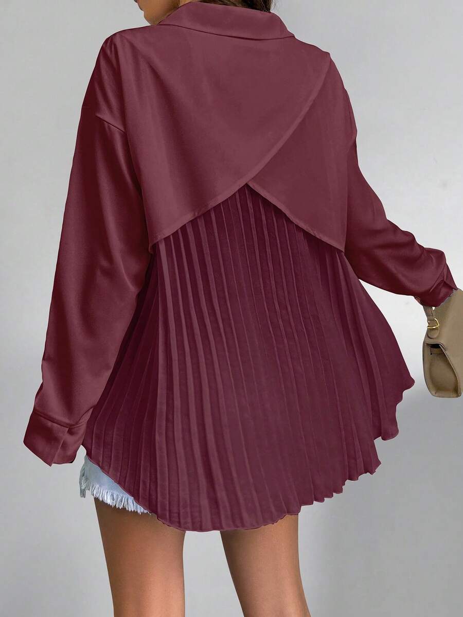 SHEIN LUNE 女式纯色纽扣长袖衬衫,后背有褶,日常休闲女式衬衫 - 酒紅色 - 查看 1