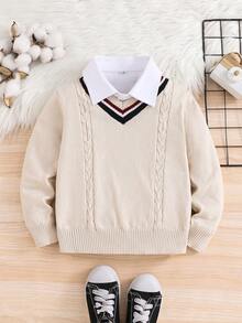 SHEIN 适合通勤上学的年轻男孩休闲学院风V领长袖针织毛衣。女孩秋冬装