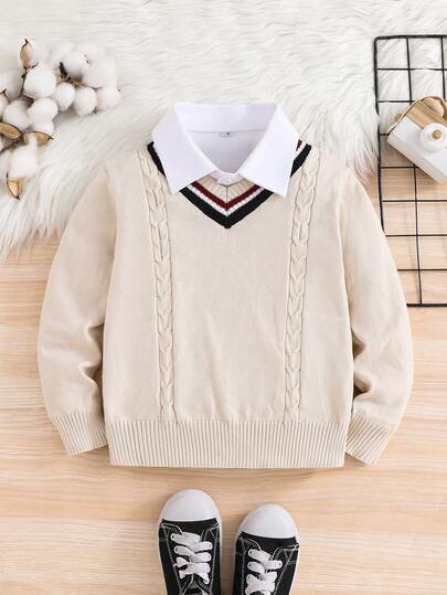 SHEIN Young Boys Casual College V-Neck Long-Sleeved Knitted Sweater Suitable For Commuting To School. Autumn Winter Clothes ForGirln