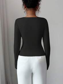 Elenzga Áo thun ôm sát cổ chữ V đính ngọc trai giả thanh lịch dành cho nữ, Xuân/Thu - màu đen - Xem 2