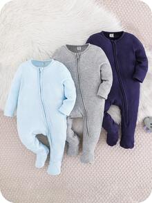 SHEIN Bộ 3 món cho bé trai/bé gái, áo liền quần dài tay cổ tròn khóa kéo phía trước, chất liệu dệt kim gân, mềm mại, thoải mái, thích hợp cho trẻ sơ sinh. Áo liền quần có khóa kéo cho bé, áo liền quần gân có khóa kéo cho bé, đồ ngủ có khóa kéo cho bé mùa thu đông. - Nhiều màu - Xem 1