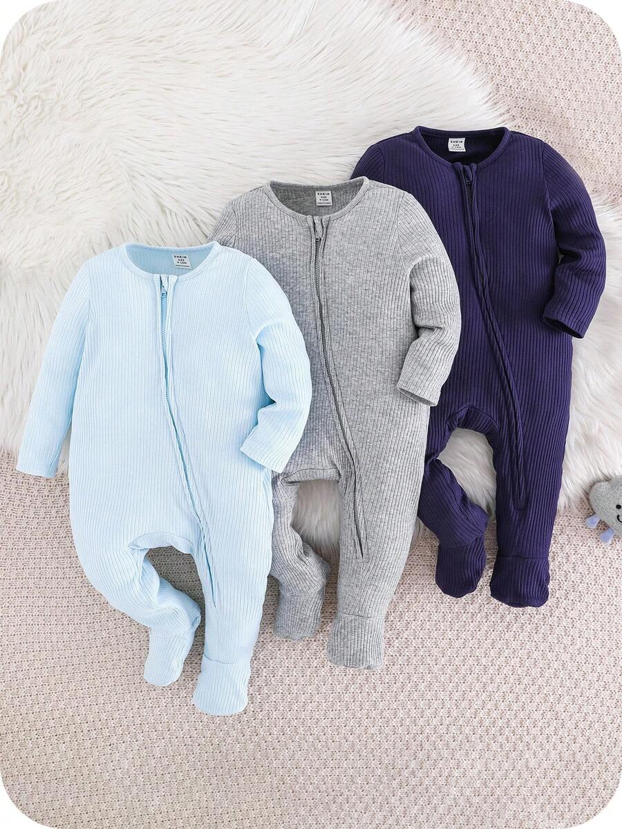 SHEIN Bộ 3 món cho bé trai/bé gái, áo liền quần dài tay cổ tròn khóa kéo phía trước, chất liệu dệt kim gân, mềm mại, thoải mái, thích hợp cho trẻ sơ sinh. Áo liền quần có khóa kéo cho bé, áo liền quần gân có khóa kéo cho bé, đồ ngủ có khóa kéo cho bé mùa thu đông. - Nhiều màu - Xem 1