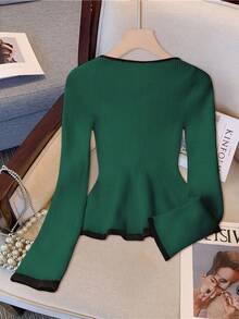 Franclia French Elegant Square Neck Stretchy Fitted Long Sleeve Knit Sweater, Contrast Trim, Suitable For Back To School Season, Apricot, Beige, Black, Cute Ruffle Hem Knit Top For Daily Wear, Autumn/Winter - Dark Green - View 2