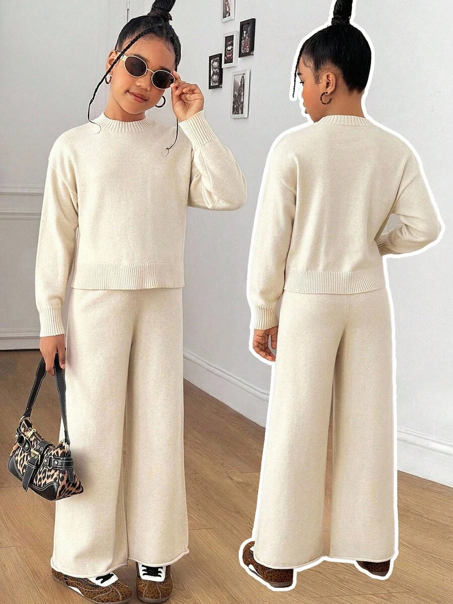 SHEIN Tween Girls Apricot Knit Set, Loose Knit Sweater + Pants 2 Pieces Casual Fashionable Versatile Outfit In Fall/Winter - Apricot - View 1