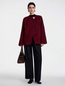 SHEIN LUNE 女士安哥拉羊毛中长外套，不对称设计，饰以撞色金属纽扣，适合秋冬季节、派对、宴会、休闲场合穿着。 - 酒紅色 - 查看 3