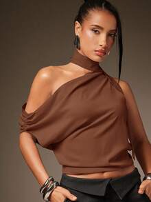 Hauture Sexy Mob Wife Party Casual One Shoulder Neck Scarf Ruched Blouse Top