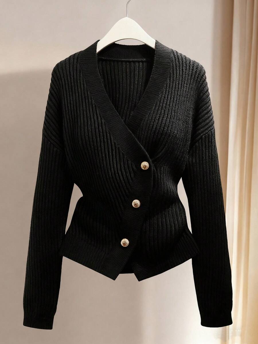 Franclia Cardigan noir casual ample à col V, manches longues, avec design de boutons en métal, pour l'automne/hiver, tenue de bureau - Noir - Voir 1