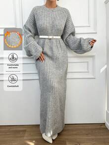 EURMUSE Round Neck Drop Shoulder Solid Color Knitted Sweater Dress - Grey - View 1