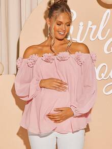 Loomaby 优雅纯色露肩孕妇派对衬衫，3D花卉装饰 - 粉色 - 查看 4