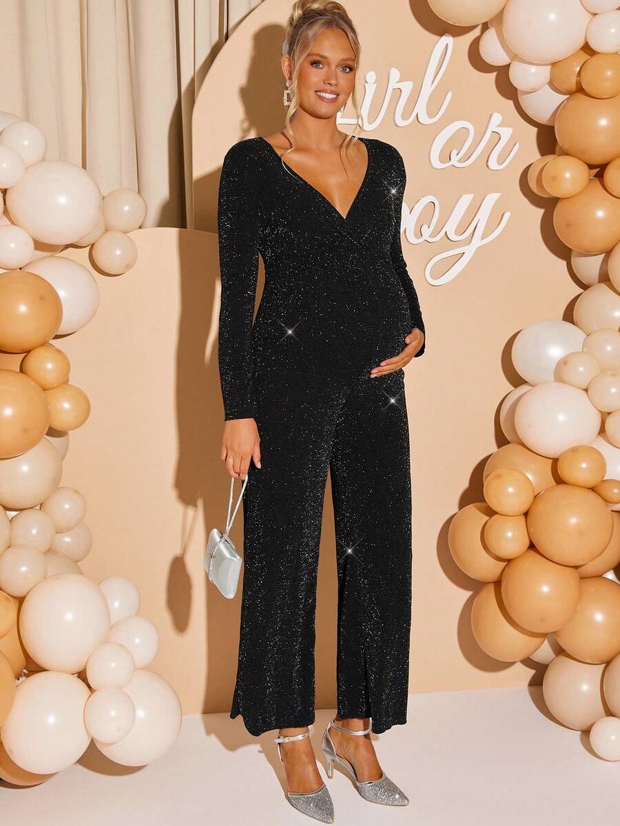Loomaby Elegant Maternity Party Sequin Long Sleeve Jumpsuit,Gender Reveal Dress,Maternity Dress, Baby Shower Dress - Black - View 1